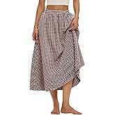 LOMON Midi Skirts for Women A-Line Cotton Flowy Maxi Skirt Boho Summer Beach Casual Elastic Waist Dress Outfit with Pockets