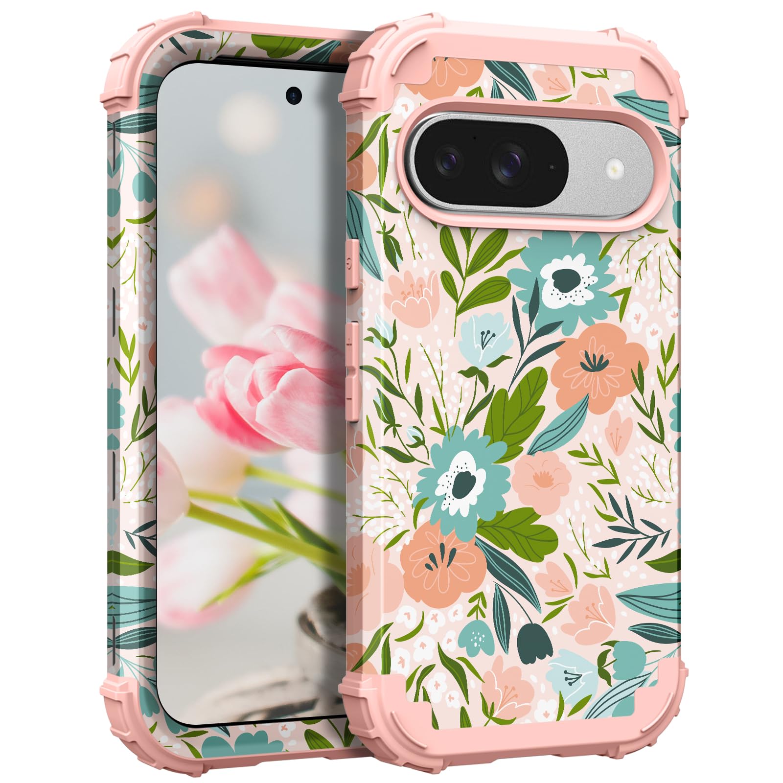 Hocase for Google Pixel 9 Case, Shockproof Heavy Duty Protection Hard Plastic+Silicone Rubber Bumper Hybrid Protective Case for Google Pixel 9/9 Pro 6.3" 2024 - Pink Flowers
