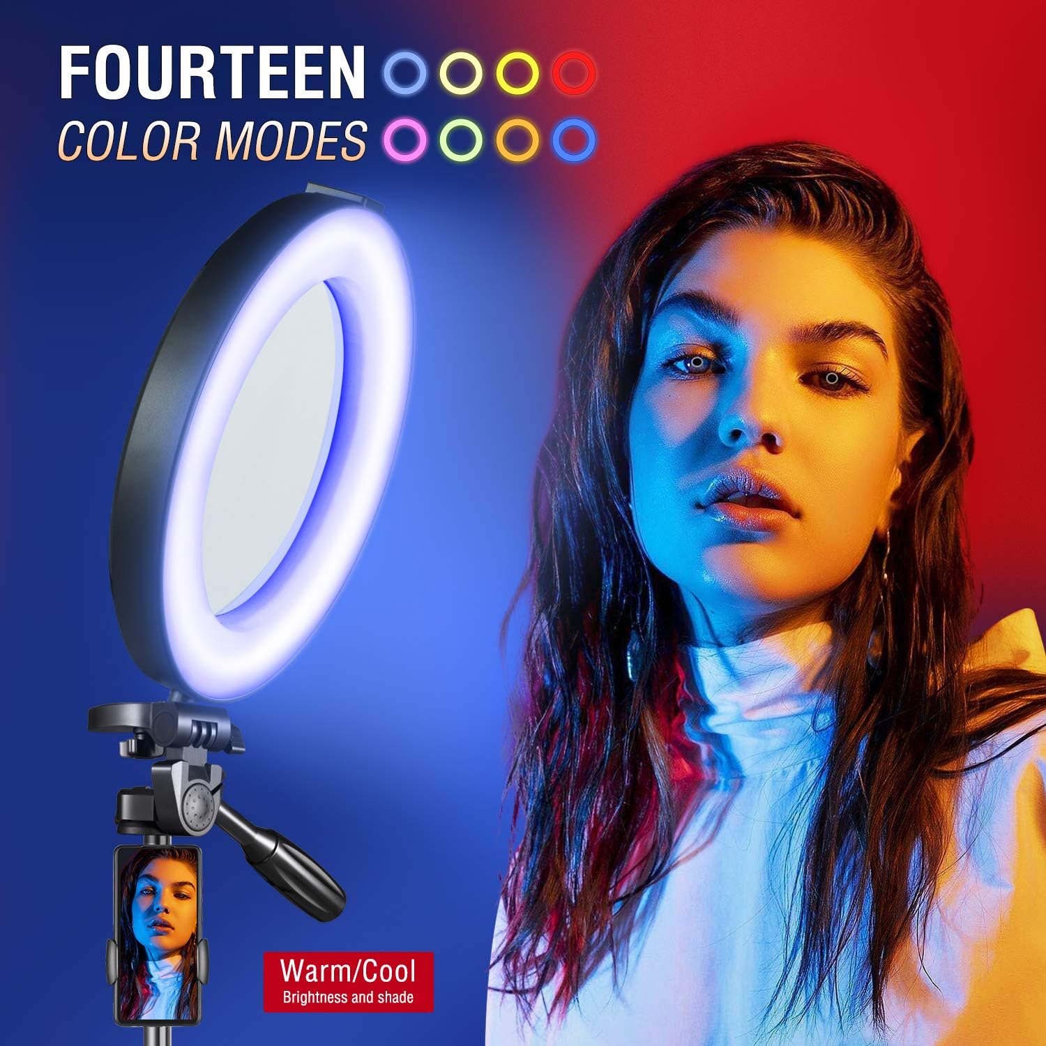 Selfie Ring Light - 14 Colors RGB Ring Light with 2 Adjustable Tripod Stand/Phone Holder/Camera Remote Shutter Best 10 Brightness Levels Dimmable LED Ring Light for Makeup,YouTube, Photography