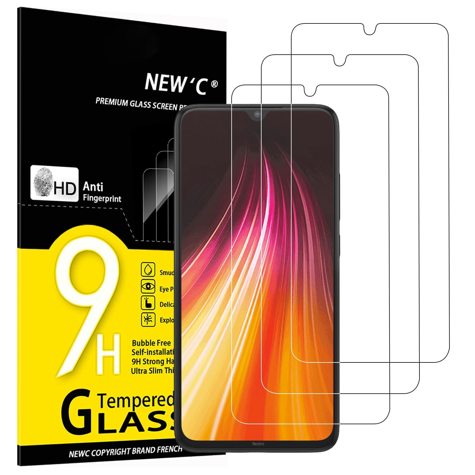 NEW'C 3 Pack Designed for Xiaomi Mi 9 Lite, Redmi Note 8, Note 8 2021 Screen Protector Tempered Glass, Case Friendly Anti Scratch Bubble Free Ultra Resistant