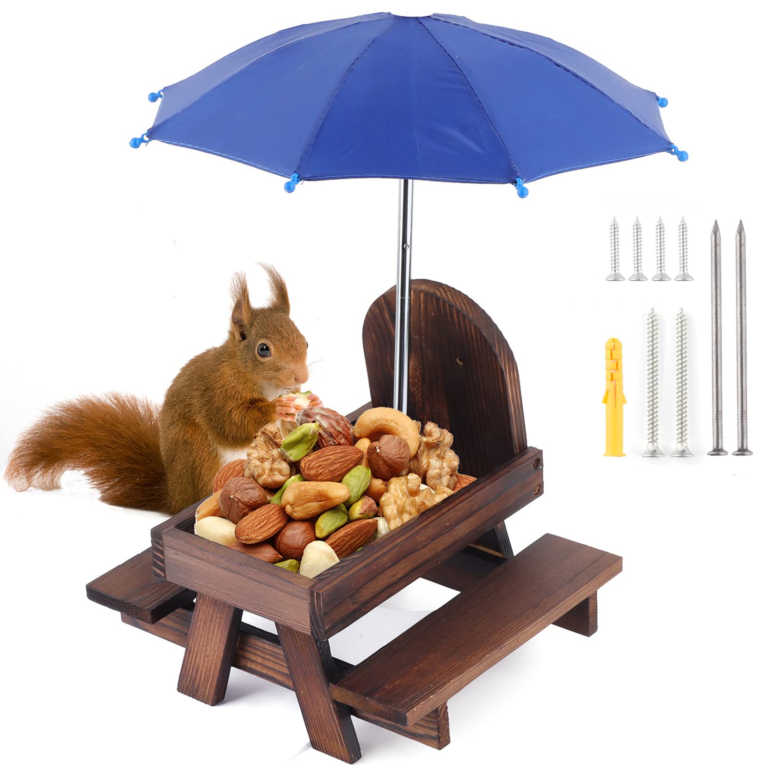 Creechwa Squirrel Feeder, Wooden Squirrel Picnic Table, Outdoor Bird Squirrel Feeding Station with Umbrella and Corn Cob Holder for Garden Trees Forest House (Brown)