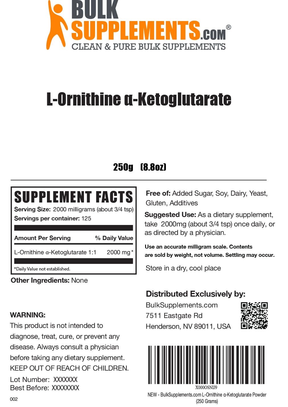 BulkSupplements.com L-Ornithine Alpha-Ketoglutarate Powder - OKG Powder, Nitric Oxide Supplement, Ornithine Supplement - Gluten Free, 2g per Serving, 250g (8.8 oz) (Pack of 1)