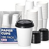 Fit Meal Prep 100 Pack 8 oz Disposable Coffee Cups with Lids, Premium To Go Paper Cups, Leak Proof Hot Coffee Cups with Lids for Travel, Office, Hot/Cold Beverages (Black Lids)