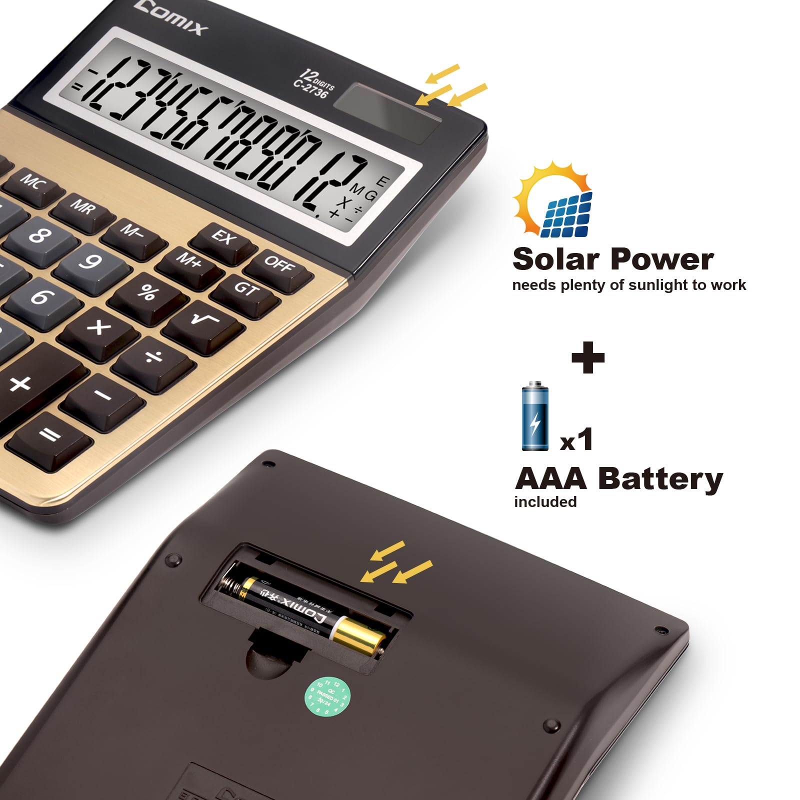 Comix Desk Calculator, 12-Digit Large LCD Display, Big Buttons, Solar Battery Dual Power, Desktop Calculator for Home Office School C-2736