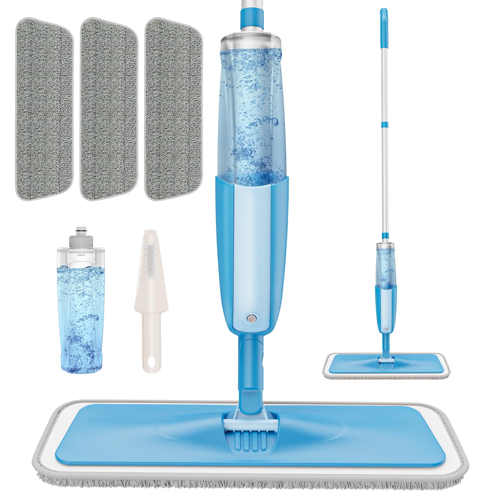 PAPCLEAN Microfibre Spray Mop with 3 Reusable Pads and Refillable Bottle, 360 Degree Spin Mop for Hardwood, Marble, Tile, Laminate, or Ceramic Floors - Cyan Blue
