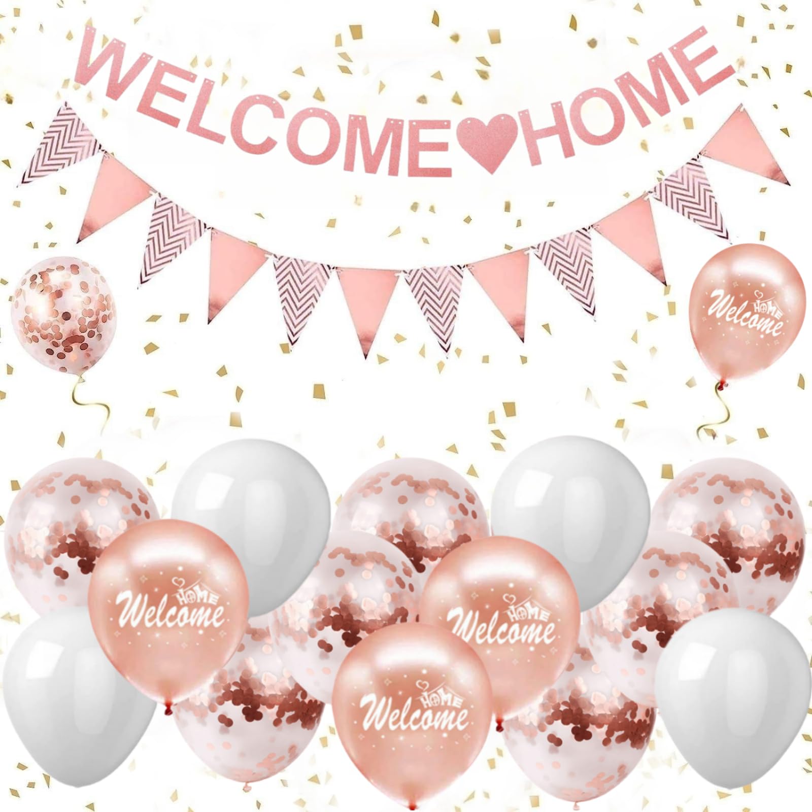 Welcome Home Decorations - Rose Gold Welcome Home Banners Set with Rose Gold Balloons, Glitter Bunting Banner, Family Party Decoration