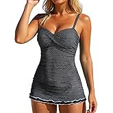 Hilor Women's One Piece Swimsuits Tummy Control Swimwear Ruffle Swim Dress with Built in Swim Brief