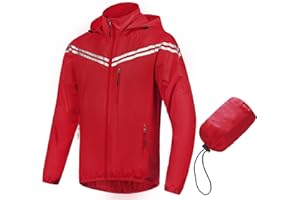 CREATMO US Men's Packable Waterproof Running Rain Coats Reflective Cycling Jacket Windbreaker With Removable Hood