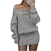 Milumia Women's Off The Shoulder Mini Sweater Dress Foldover Long Sleeve Y2k Knit Dresses