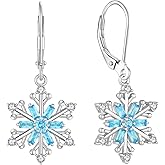 Vinoya 925 Sterling Silver Snowflake Earrings for Women Birthstone Dangle Drop Earrings Cubic Zirconia Winter Frozen Flower Earring Christmas Jewelry
