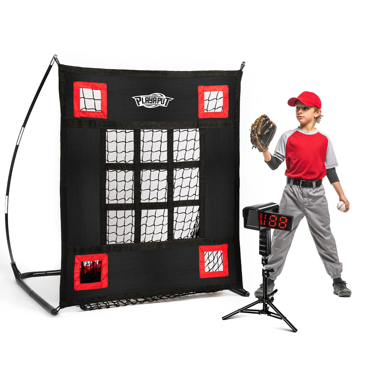 Photo 1 of Baseball Pitching Net & Radar Gun Combo – Improve Accuracy & Speed for Hitting/Pitching, with Strike Zone & Speed Tracking Baseball Training Equipment for All Age and Level Players|Handbag+Sandbag