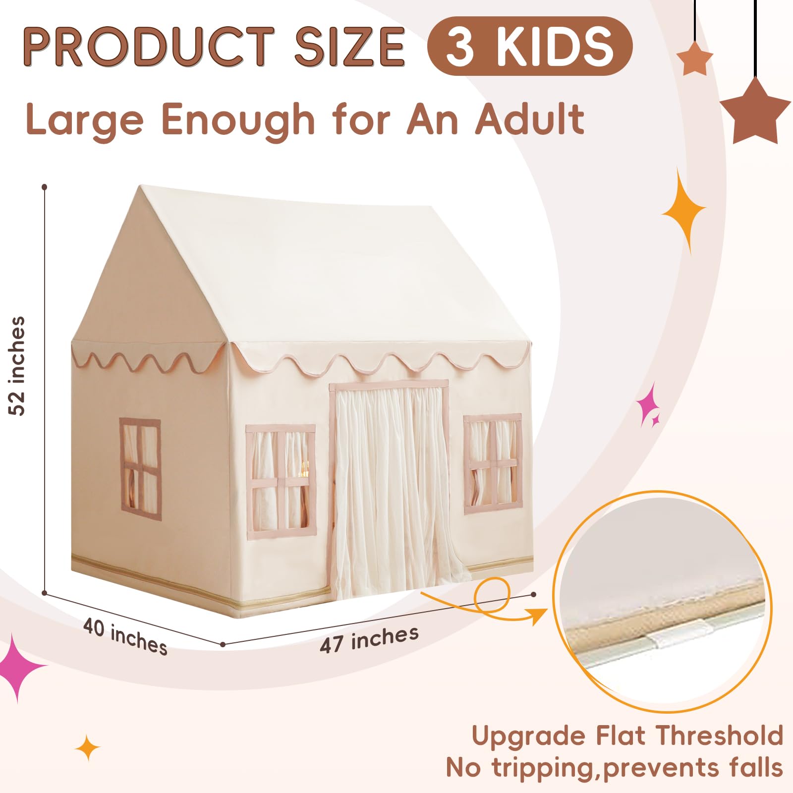 Play Tent with Padded Mat, Pennant Banners, Fairy Lights - Cream Kids Playhouse with Multiple Windows for Indoor and Outdoor, Large Play House Toys for Toddler, Boys and Girls
