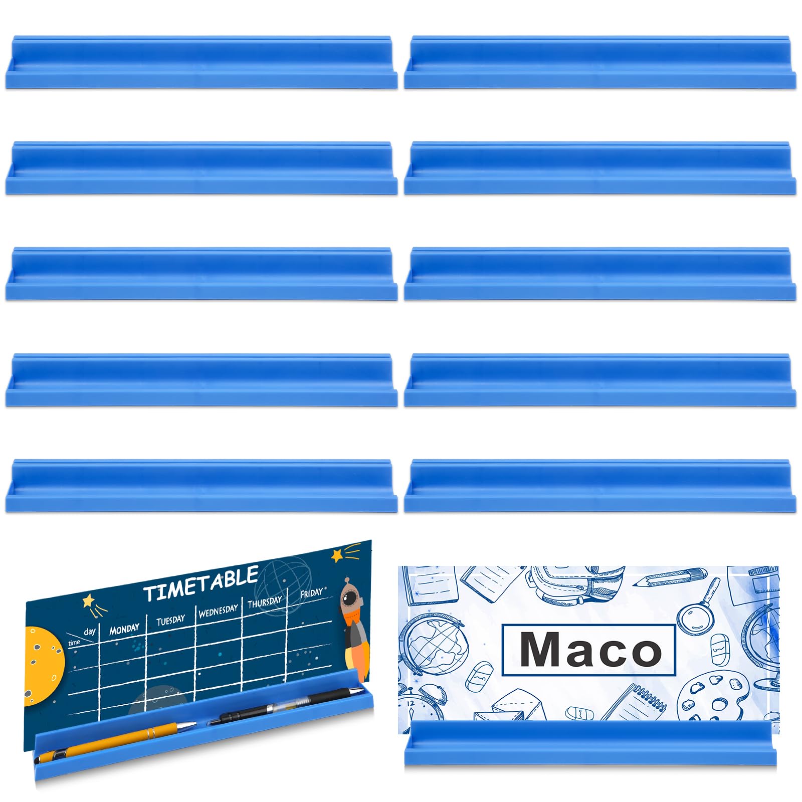 Photo 1 of 12pcs Classroom Desk Name Plates Holder, Desktop Prop and Park Station Tray with Adhesive Grip, Removable Pen Holder for Office Table Display Nameplates Student Classroom Information (Blue)