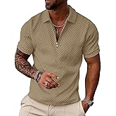 UOUA Men's Zipper Polo Shirts Short Sleeve Sweatshirts Soild Color Tops Striped Texture Casual Golf T