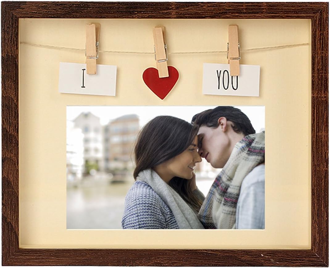 Picture Frames 4x6 With Mat - MDF Wood & Glass Pane, Complete With Red Heart & Card & Clothes Line & Pin, For Couples, Family, Friends Photo, Cute Fun Box Photo Frame 4 x 6