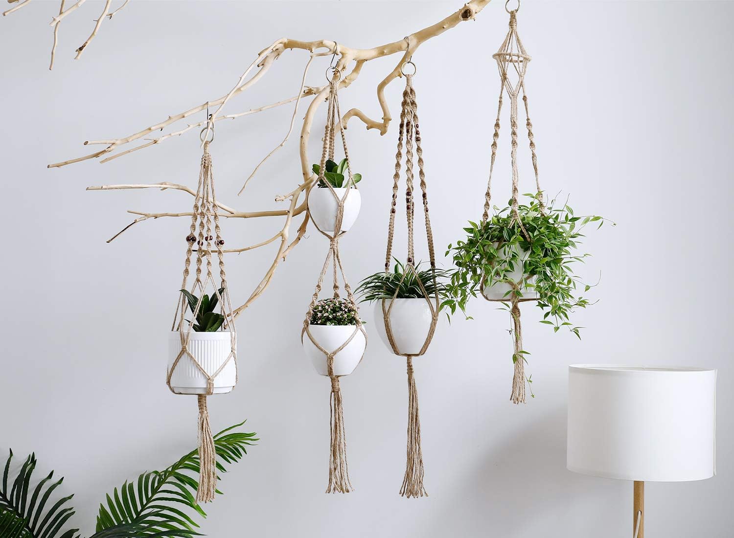 POTEY 620401 Macrame Plant Hangers - 4 Pack Hanging Planter Basket with 8 Hooks, Jute Indoor Hanging Plant Holder with Wood Beads,40''/43.3''/47.3''/47.3'',Brown: Garden & Outdoor