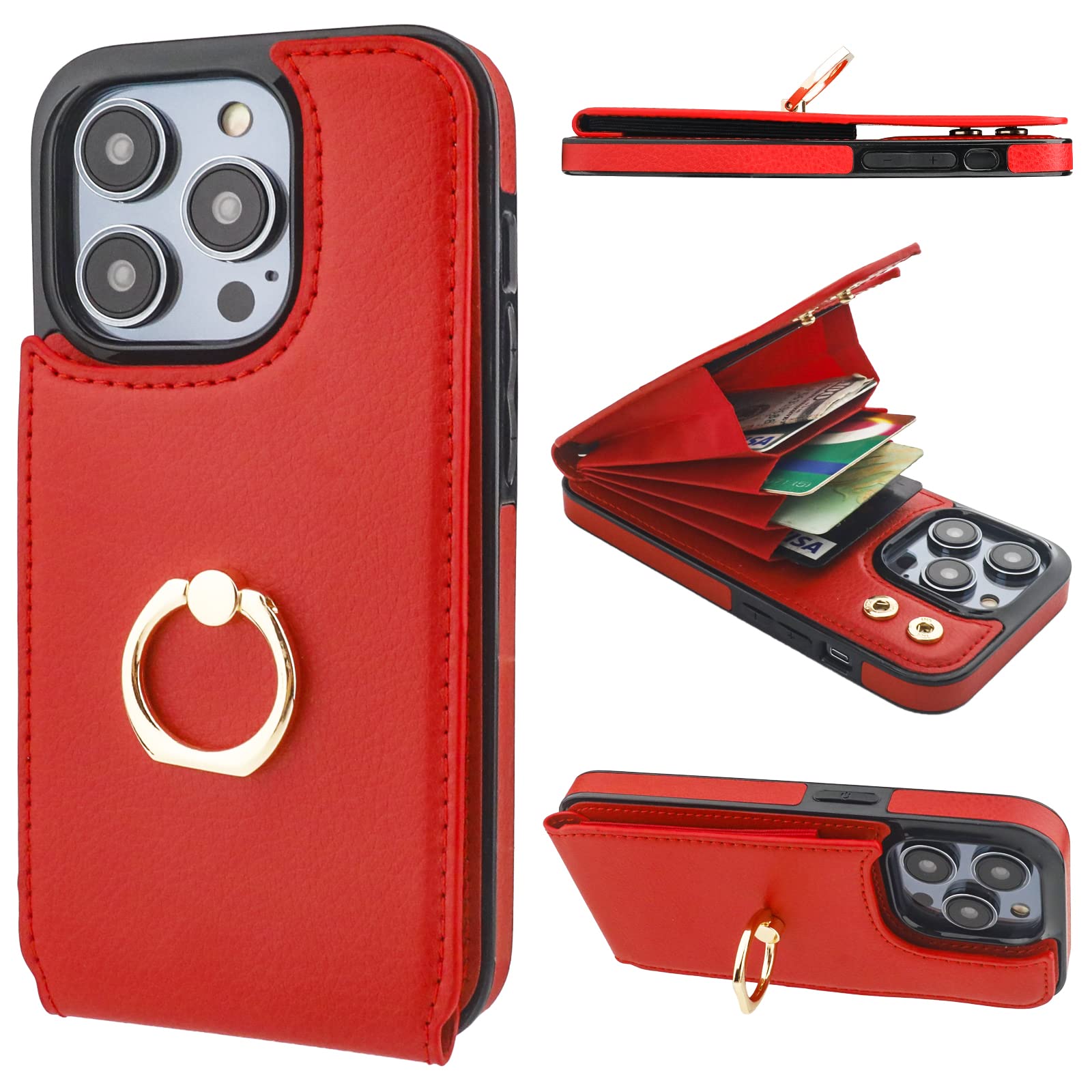 Folosu Compatible with iPhone 14 Pro Case Wallet with Card Holder, 360°Rotation Finger Ring Holder Kickstand, RFID Blocking Leather Protective Double Buttons Shockproof Cover 6.1 Inch Red
