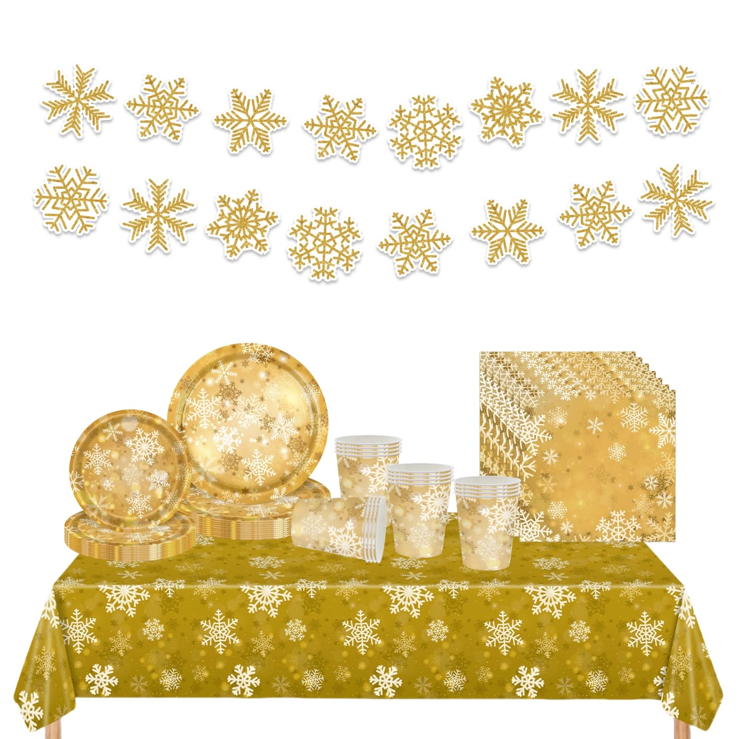 70Pcs Christmas Gold Tableware Set with Gold Snowflake Cups, Napkins, Plates and Table Cloth, Xmas Snowflake Banner and Dinnerware for Adults and Kids Party