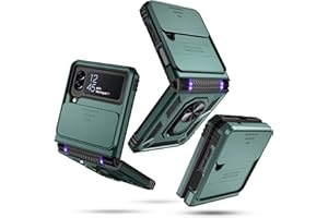 Janmitta Samsung Galaxy Z Flip 4 Case Built in Slide Camera Lens Cover+Hinge Protection+Finger Ring Stable Kickstand, Heavy Duty Shockproof Full Body Protective Phone Cover,2022 Dark Green