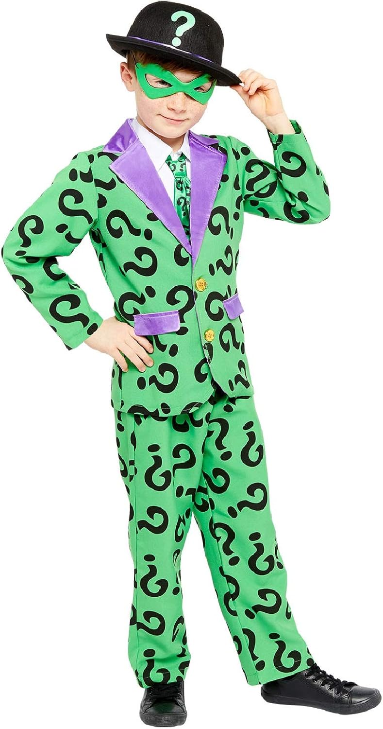 Amazon Com Boys The Riddler Batman Villain Tv Book Film Halloween Fancy Dress Costume Outfit 4 12 Years Clothing