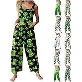 St Patricks Day Outfits for Women Irish Shamrock Graphic Overalls Loose Fit Wide Leg Onesie Costume Clothes with Pockets