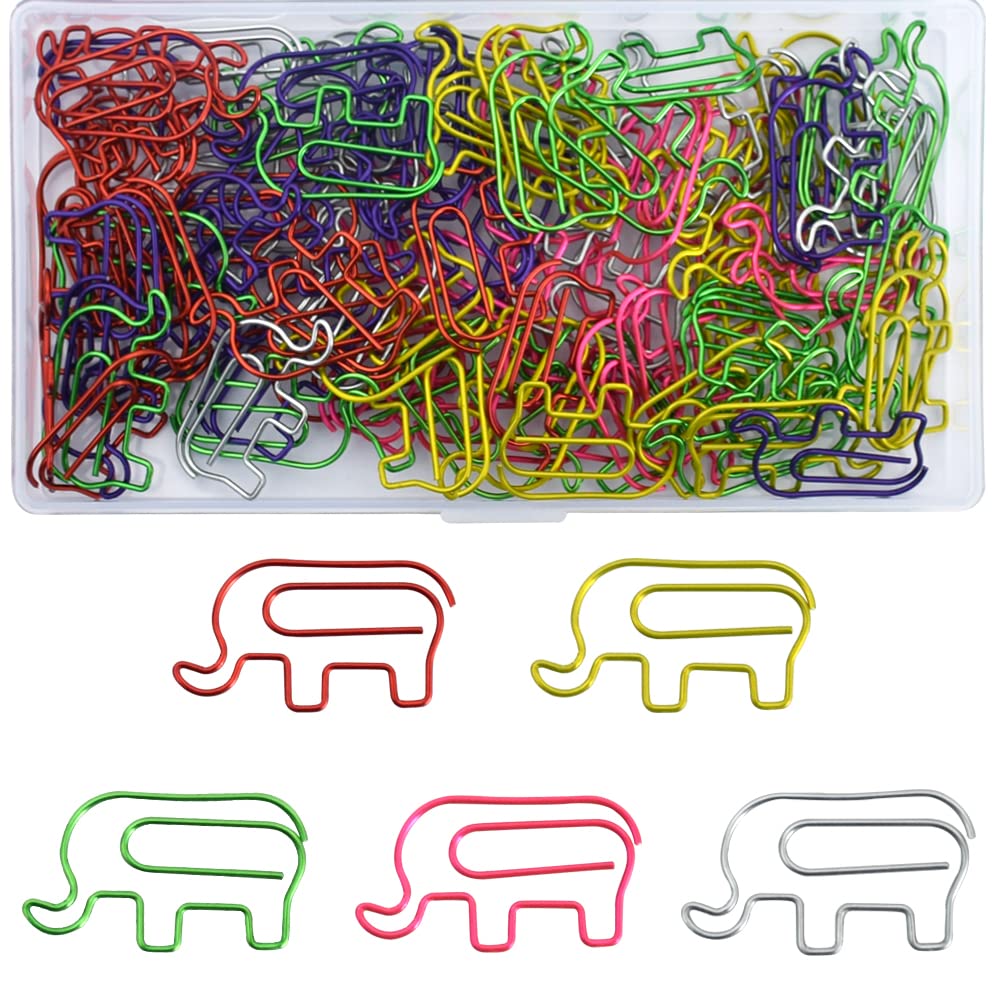 100Pcs Animal Shaped Paperclip Cute Elephant Paper Clips Assorted Colors Lovely Bookmark Clips for Party Invitation Card Teacher Scrapbooks Notebook