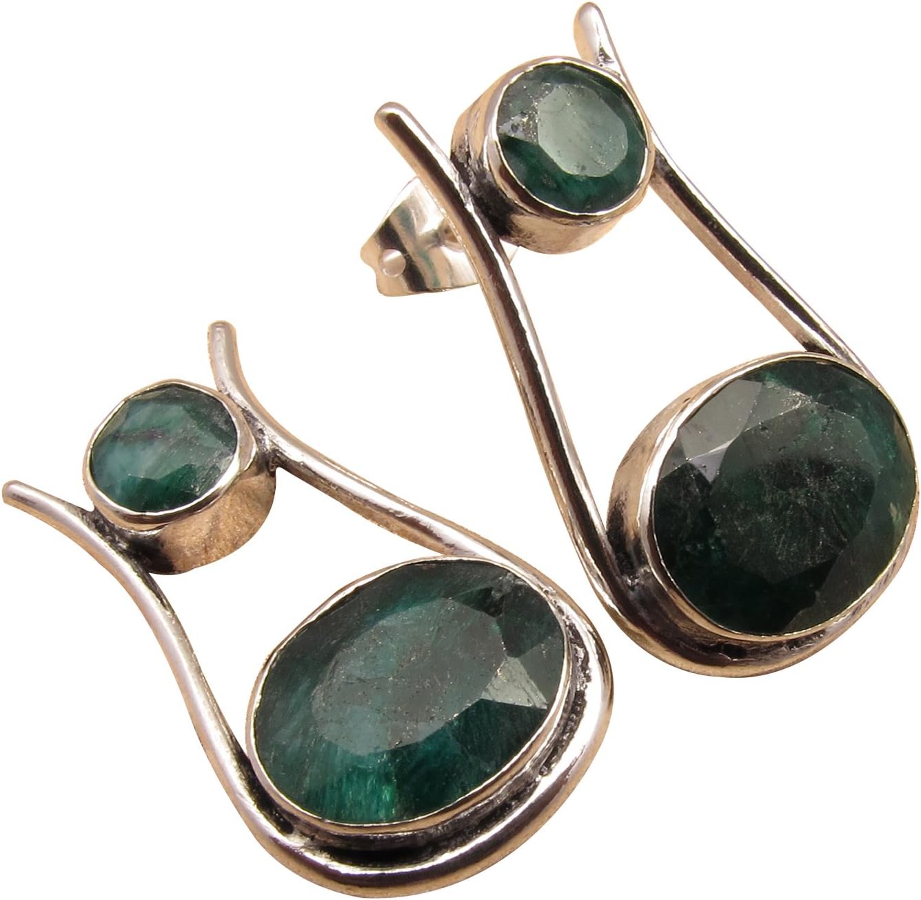 Green EMERALD 2 Gemstone Stud Earrings ! 925 Sterling Silver Plated Fashion Jewelry HANDMADE