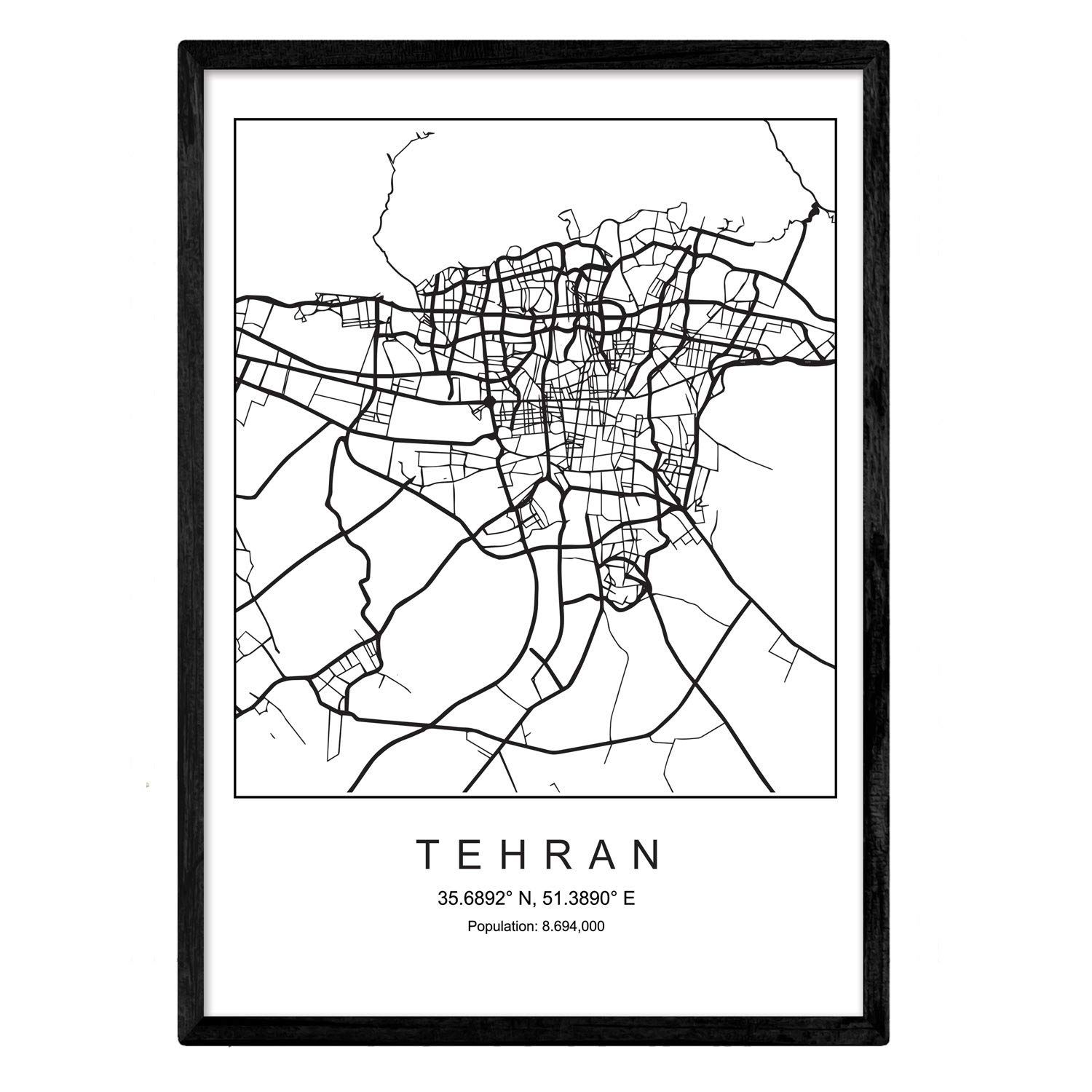Blade Tehran city map Nordic style black and white. Poster A4 Printed paper No 250 gr. Paintings, prints and posters for living room and bedroom โ image 1