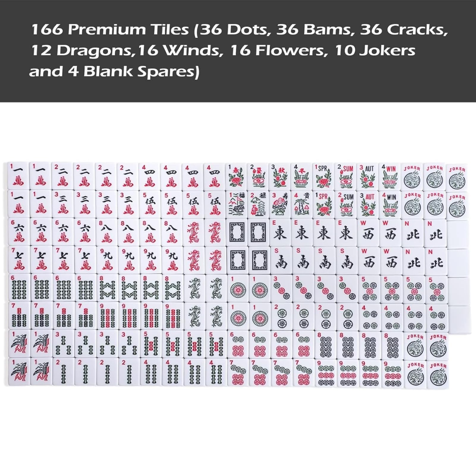 American Mahjong Game Set, 166 Quality White Tiles, 4 All-in-One Color Rack/Pushers, Mahjong Tile Set with Blue Printed Carrying Bag