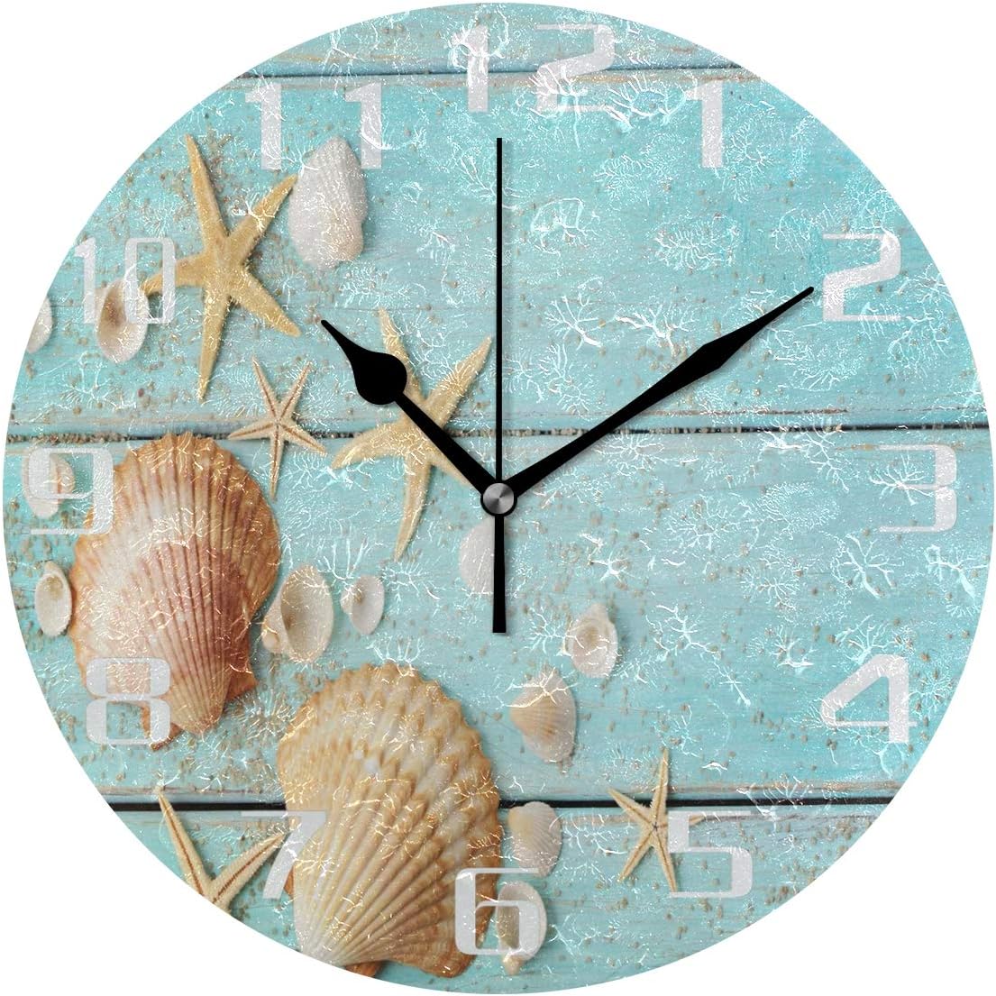 funnyy Beach Starfish Vintage Wooden Round Acrylic Wall Clock, Silent Non Ticking Art Painting Clock for kids Girls Children Bedroom Living Room School Home Decor