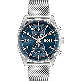 BOSS Skytraveller Men's 44mm Stainless Steel Chronograph Wristwatch - Water Resistant up to 5ATM/50 Meters, Sporty and Sophisticated