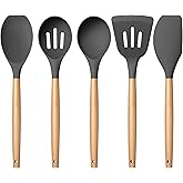 E-far Silicone Cooking Utensils Set, 5-Piece Kitchen Utensils Set with Wooden Handle for Cooking, Silicone Kitchen Nonstick Tools Spatula Turner Slotted Spoons, Nontoxic & Heat Resistant-Gray