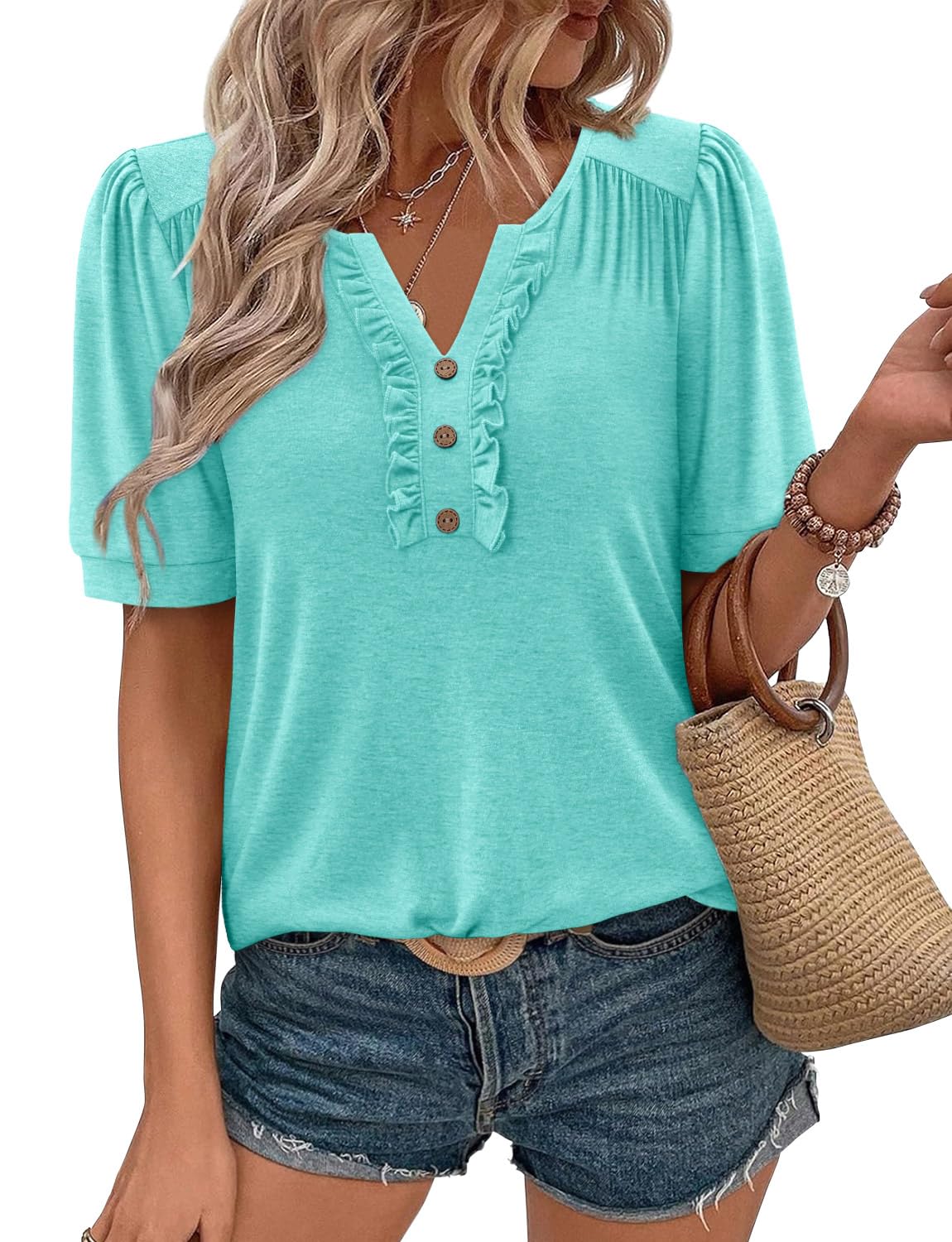 KISSMODA Women's Tunic Tops Casual V Neck Short