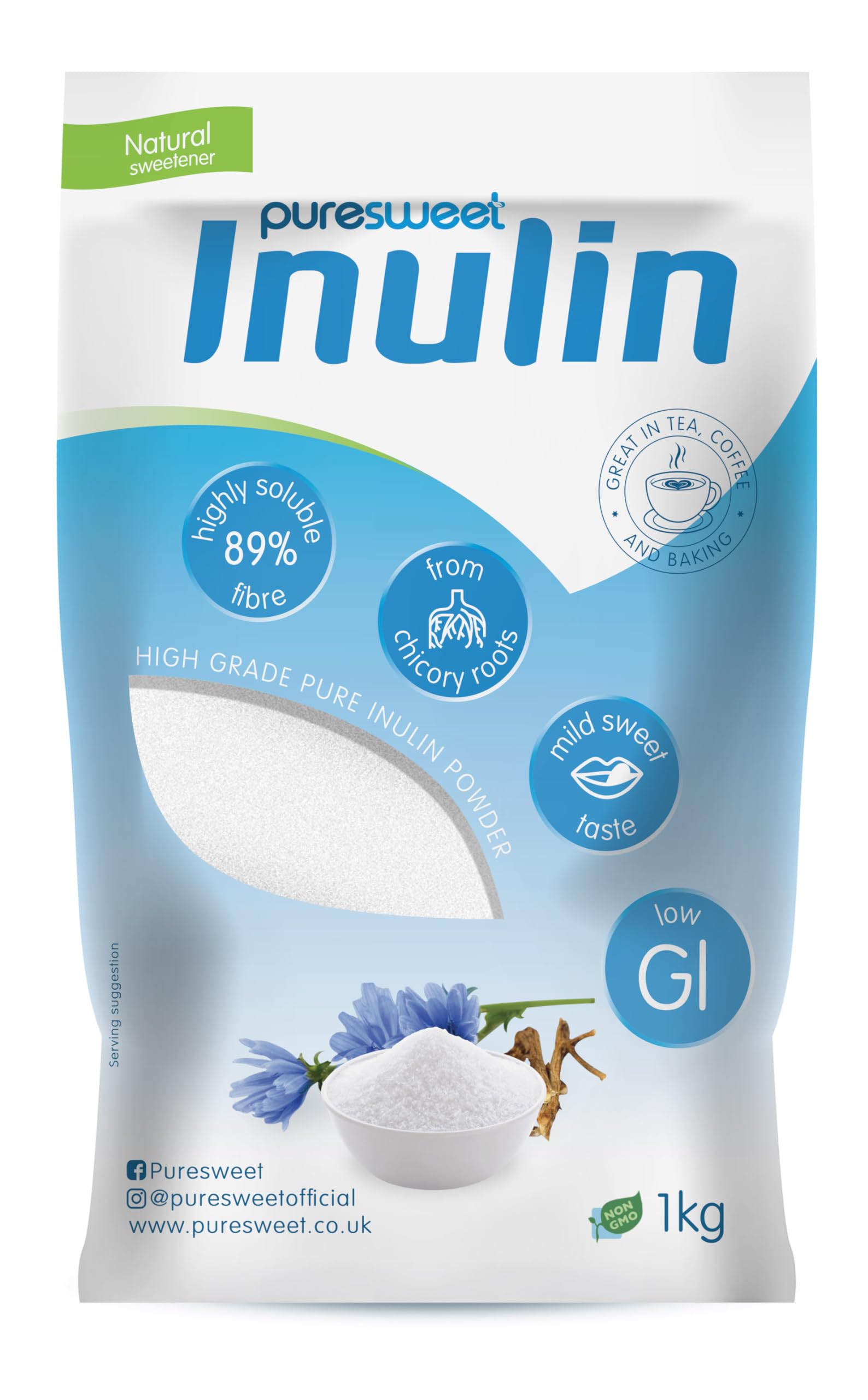 Inulin Prebiotic Fibre Powder 1kg by Puresweet®, Chicory Root, Highly Soluble, Made in The EU, Fructo Oligosaccharide (FOS), Gluten Free, Vegan.