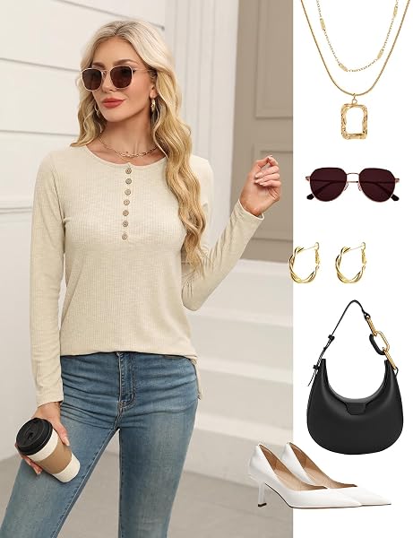 ZOOMOON WOMEN’S HENLEY TOPS LONG SLEEVE SHIRTS RIBBED BUTTON UP TUNIC T-SHIRTS CASUAL V NECK LOOSE BLOUSES APRICOT M