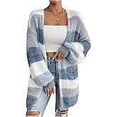 WDIRARA Women's Colorblock Fuzzy Cardigan Sweaters Open Front Long Sleeve Knit Outerwear with Pockets