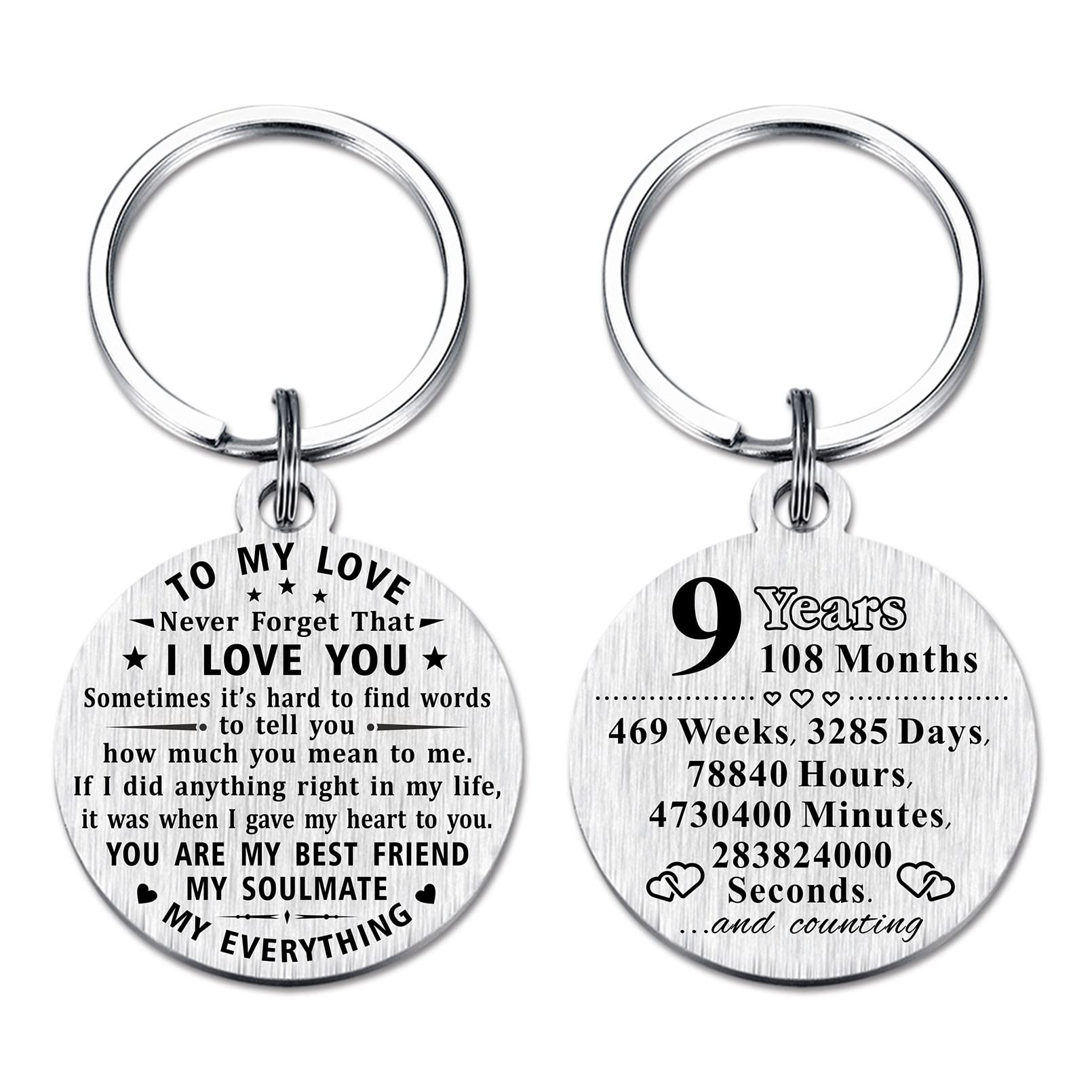ABBNT 9 Year Anniversary Keychain Gifts - Steel Engraved 9th Wedding Anniversary Keepsake - Happy Nine Year Anniversary for Men Husband Women Wife