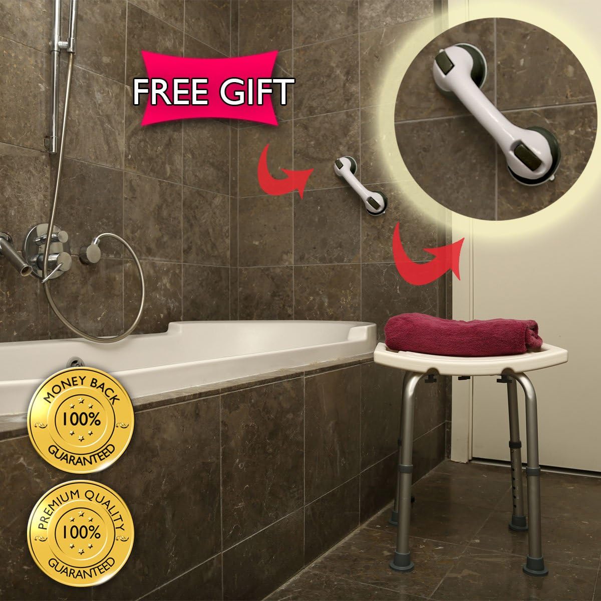DR. MAYA Adjustable Bath and Shower Chair with Free Suction Assist Shower Handle Large White Anti-Slip Bench Bathtub Stool Seat with Aluminum Legs (Shower Chair): Health & Personal Care
