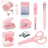 Pink Mini Office Supply Kit Mini School Supplies Desk Accessory Set Includes Mini Stapler Pencil Sharpener Staple Remover Hole Punch Ballpoint Pen Scissor Box Cutter Paper Clips Sticky Index Tabs