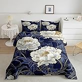 jejeloiu Navy Blue White Flower Bedding Set King Size Elegnat Floral Comforter Set for Adult Romantic Duvet Set Flower Plants Quilt Set 3Pcs