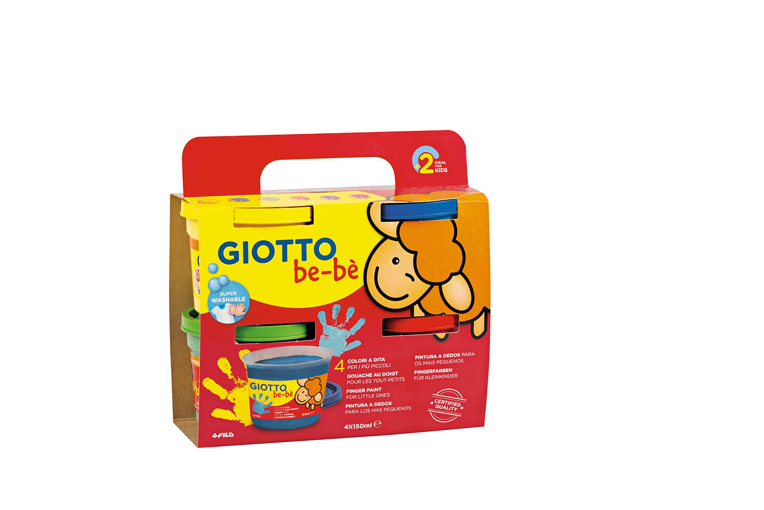 GIOTTO be-bèFinger Paint Set, Box of 4 x 150ml in Assorted Colours (Yellow, Green, Red, and Blue), Super-Washable, Ideal for Children