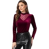 Allegra K Women's Vintage Velvet Mesh Panel Mock Neck Slim Fit Halloween Long Sleeve Tops
