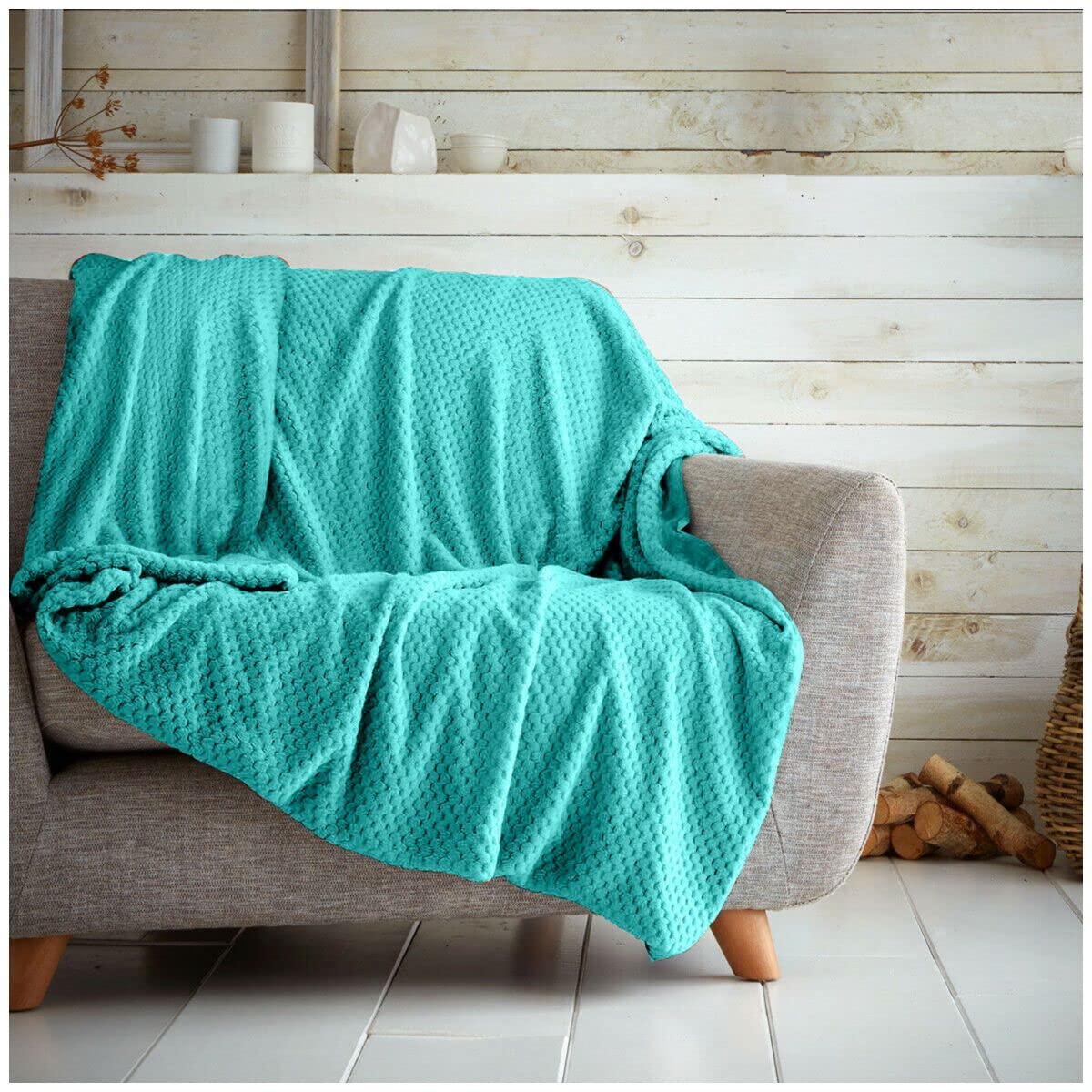 GC GAVENO CAVAILIA Gaveno Cavailia Popcorn Honey Comb Sofa Bed Blanket, Super Soft Fluffy Easy Care Lightweight Luxury Design, Cosy Warm Settee Waffle Throw-Over [Double (150x200 Cm), Aqua], Polyester