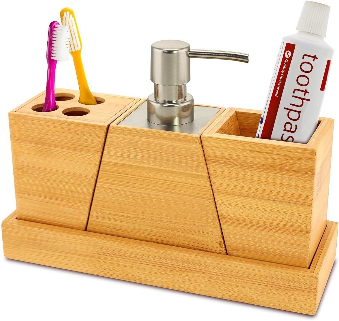 3in1 Bamboo Bathroom Kit Soap Dispenser Toothbrush Holder