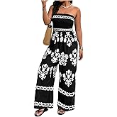 WDIRARA Women's Plus Size Floral Smocked Strapless Tube Jumpsuit Boho Summer Vacation Wide Leg Pants