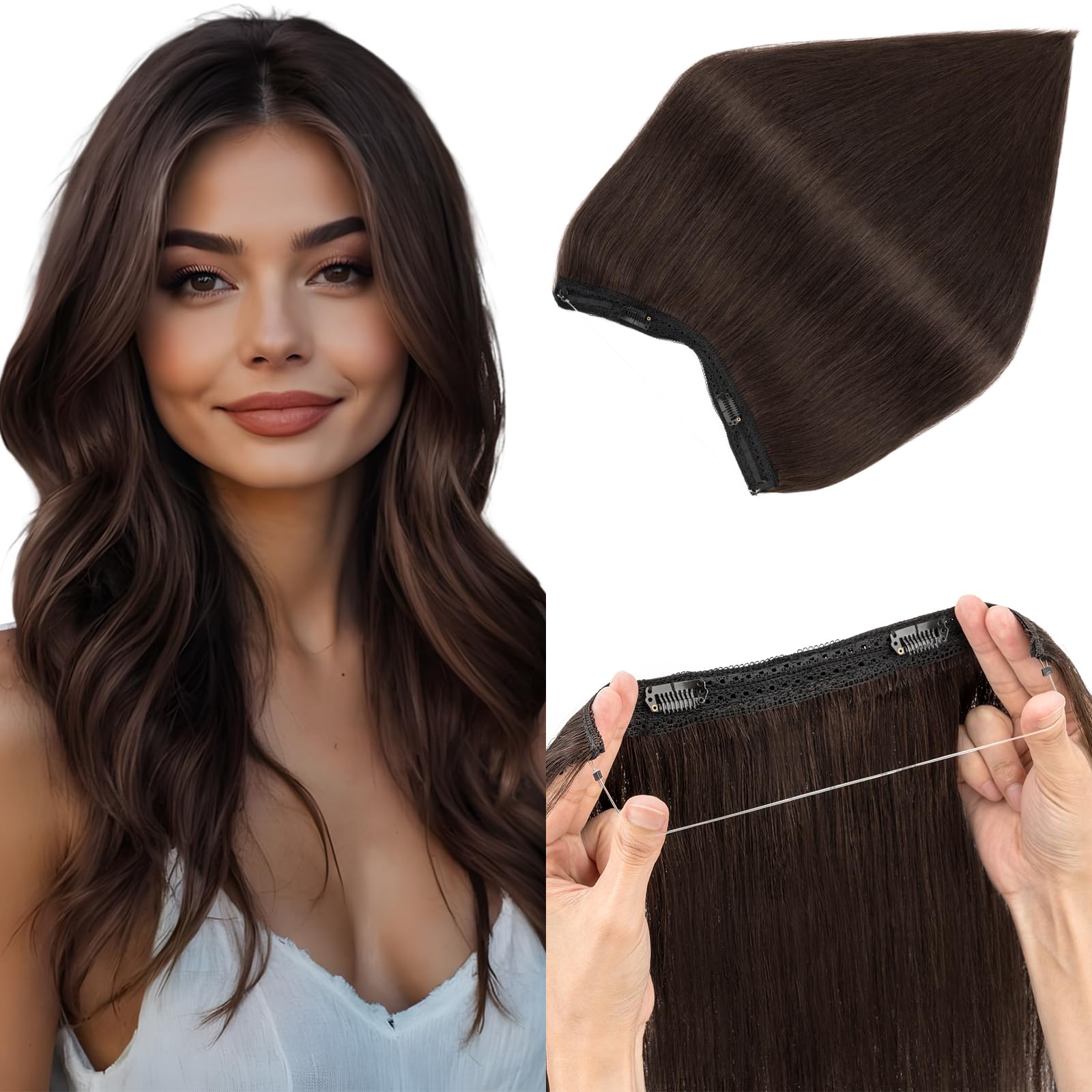Elailite One Piece Invisible Secret Wire Clip Hair Extension Headband Real Human Hair Straight (#02 Dark Brown, 22 Inch-75 g) — image 1