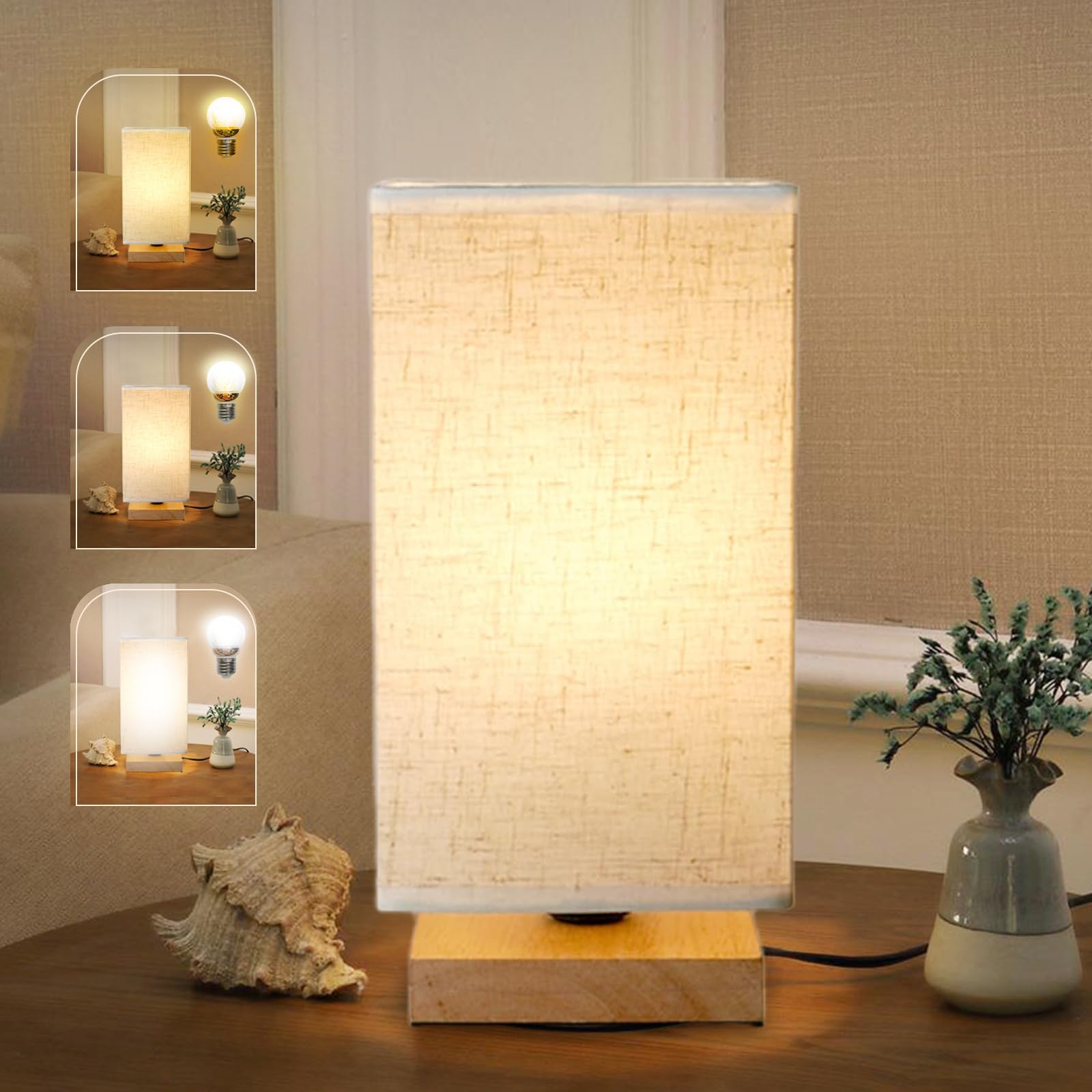 Small Bedside Lamps, 3 Color Temperature Table Lamp Minimalist Small Nightstand Bedroom Lamp with Square Fabric Shade, On-Off Switch and Wood Base Desk Lamps for Living Room, Bed Room, Dorm, Office — image 1