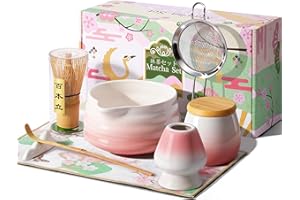 AIBOUND Matcha Whisk Set, Pink Matcha Kit, 8 Pcs Matcha Set Includes Matcha Bowl with Spout, Matcha Whisk and Holder, Ceramic Tea Caddy, Bamboo Scoop, Scoop Rest, Sifter and Tea Towel, Gift for Tea Lover