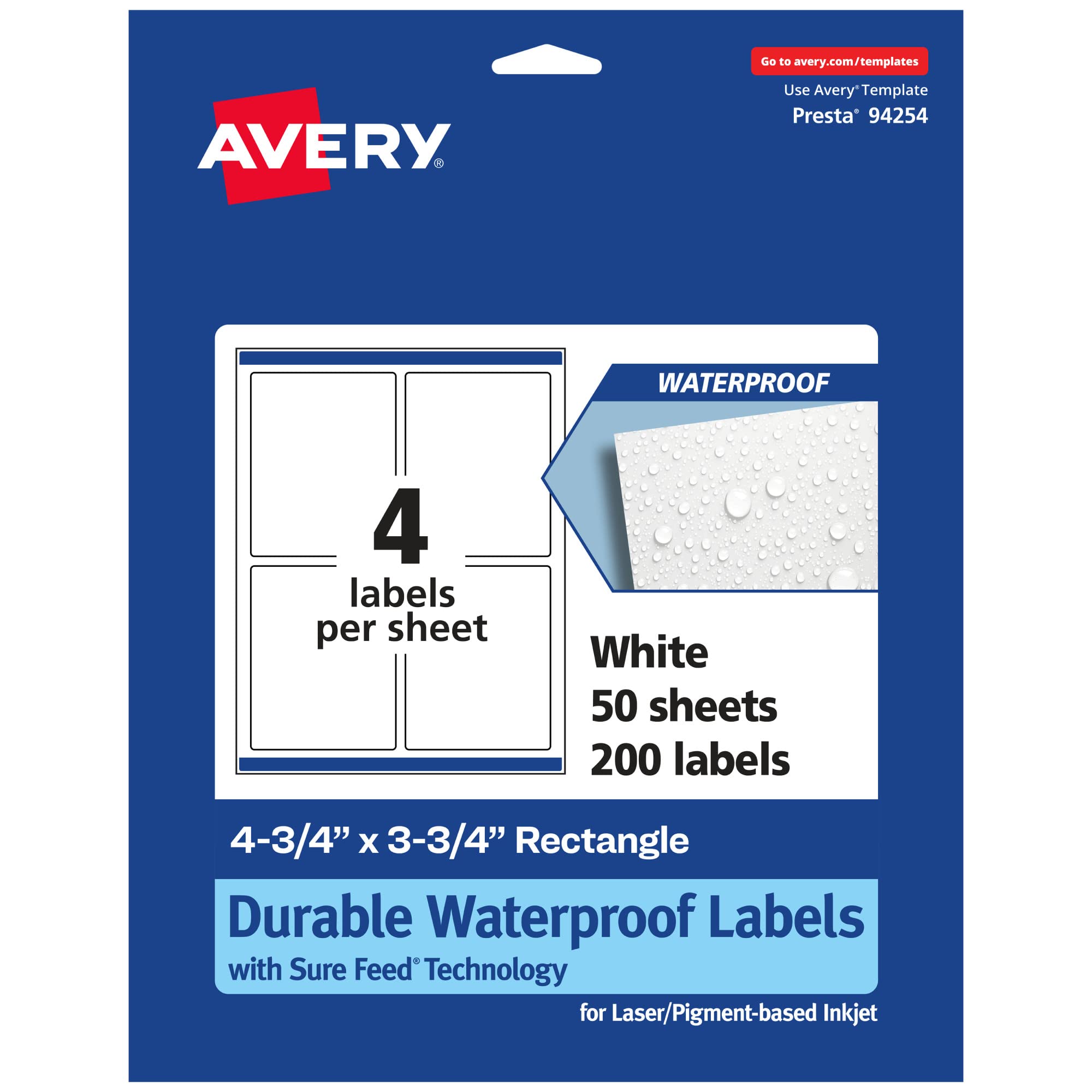 Avery Durable Waterproof Rectangle Labels, Sure Feed Technology, 4.75″ x 3.75″, 200 Total, Oil and Tear-Resistant Waterproof Labels, Print-to-The-Edge, Laser/Pigment-Based Inkjet Printable