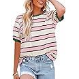 Dokotoo Womens Summer Tops 2025 Striped Color Block Short Sleeve T-Shirts Crewneck Casual Loose Basic Tee Blouses